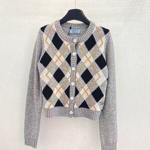 Prada Gray and Black Argyle Cardigan with Gold Accents